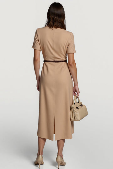 Camel Satin Bodycon Long Work Dress with Sleeves